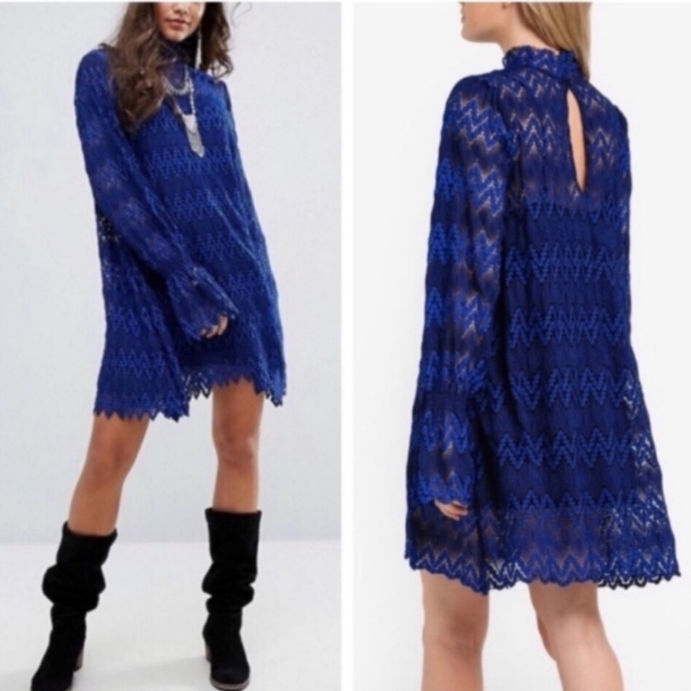 FREE PEOPLE Simone Retro Chevron Sheer Lace Mock Neck Longsleeve Mini Blue XS
